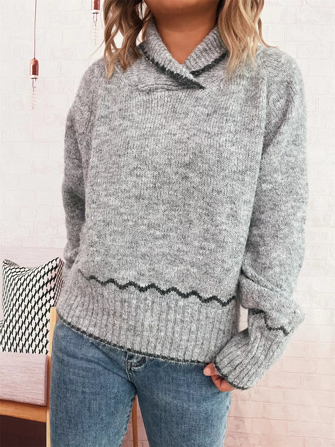 Ribbed Contrast Trim Long Sleeve Sweater OutfitFlow