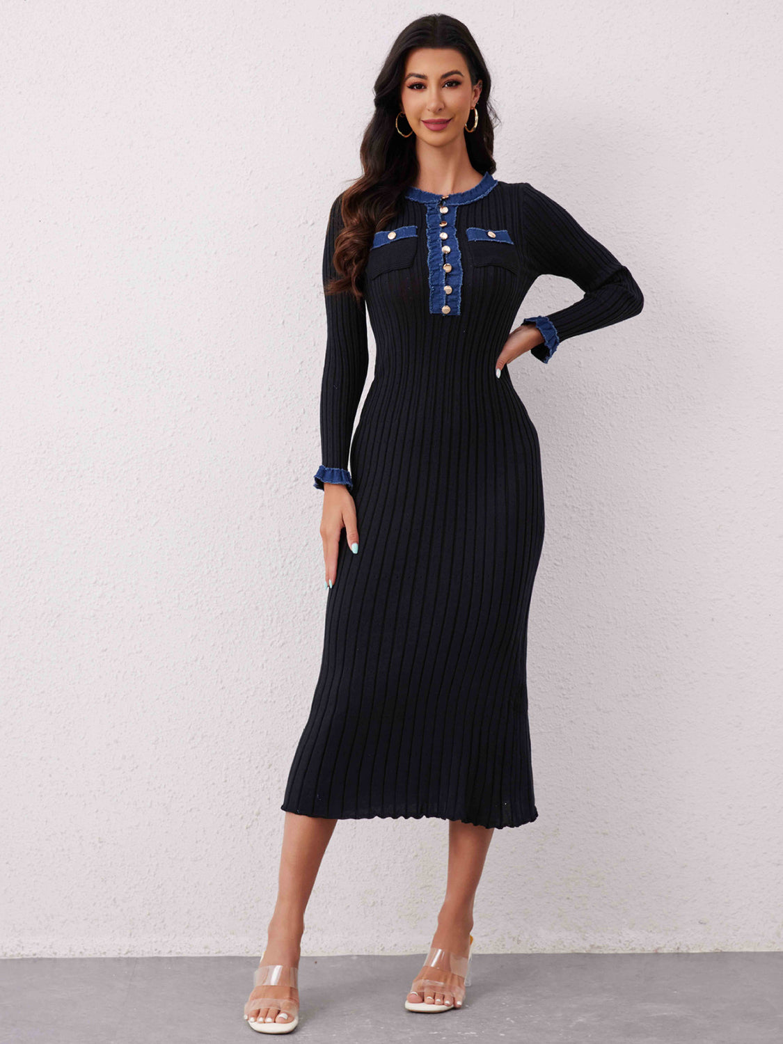 Outfit Flow - Contrast Trim Round Neck Long Sleeve Sweater Dress