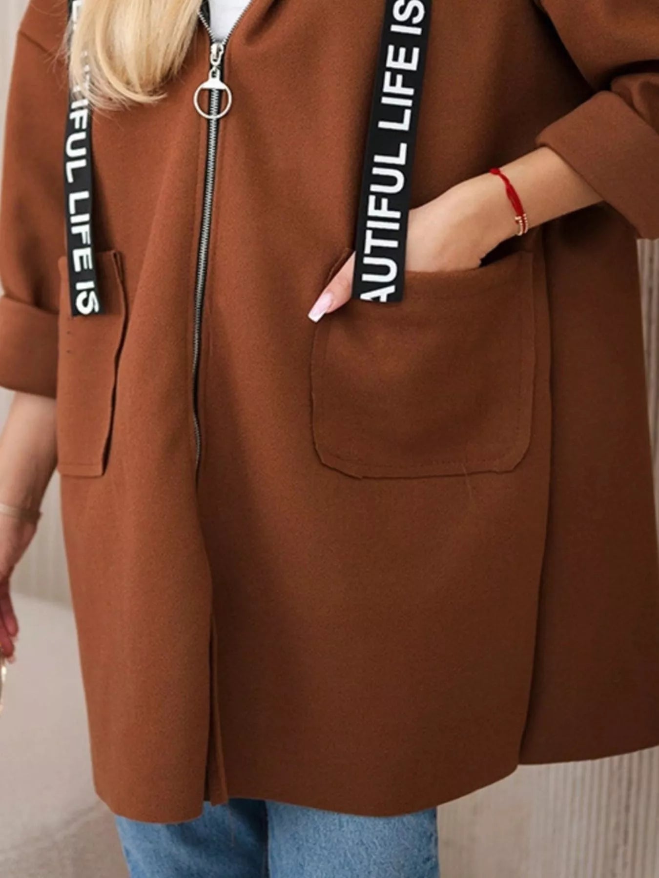 Full Size Hooded Zip-Up Longline Outerwear Plus Size Trendsi