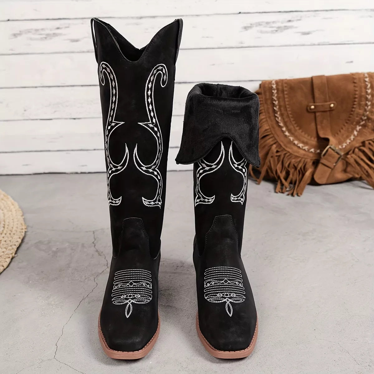 Embroidered Round Toe Block Heels Boots OutfitFlow