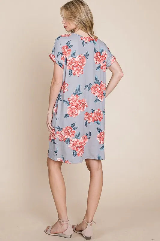 BOMBOM Floral Round Neck Short Tee Dress with Pockets OutfitFlow
