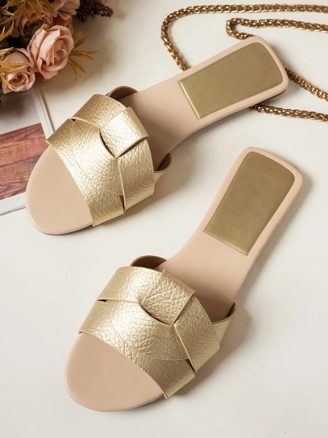 Open Toe Woven Leather Flats Sandals OutfitFlow