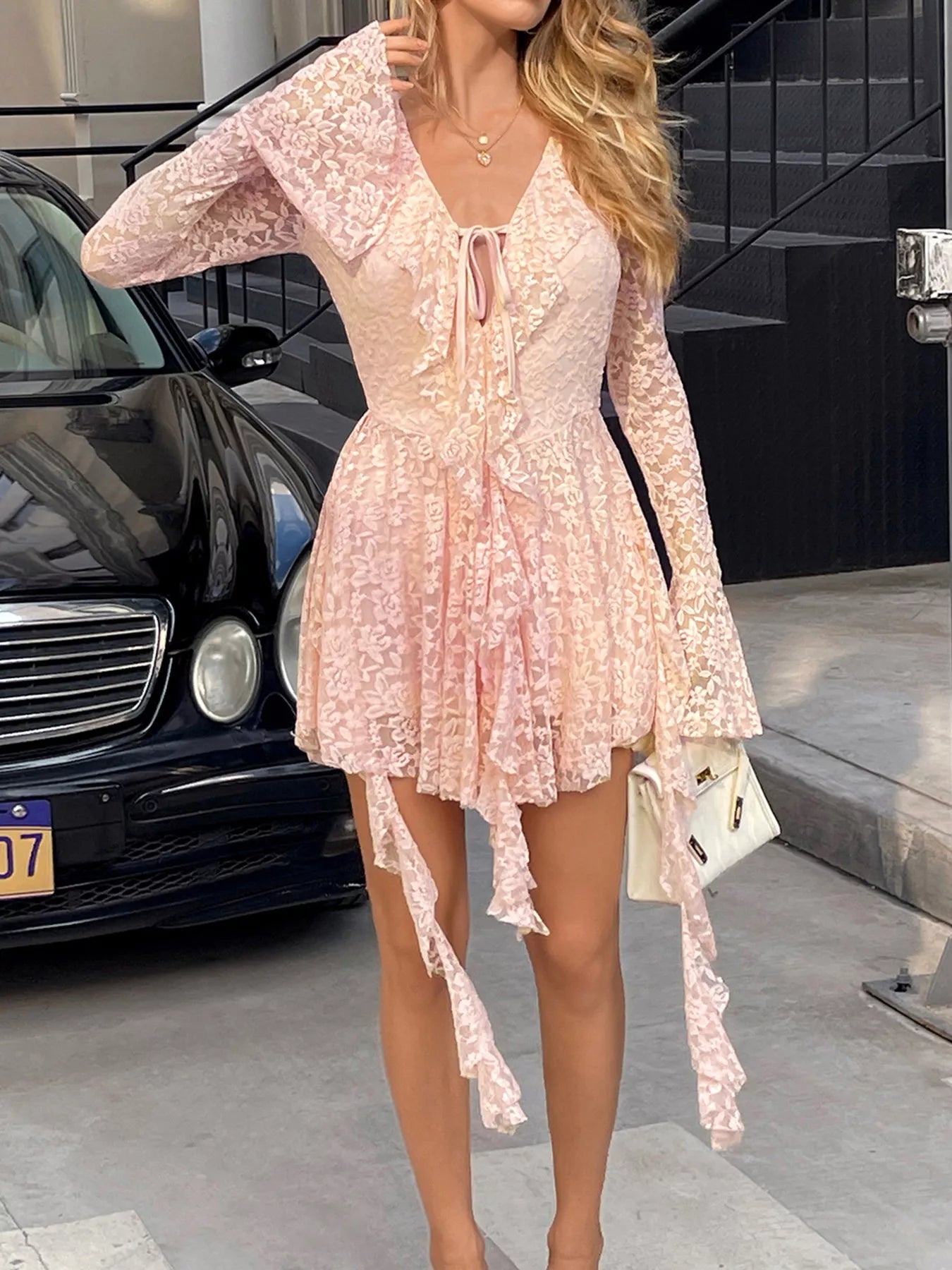 Lace Ruffle Tie Front Mini Dress Trendsi