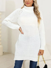 Slit Turtleneck Long Sleeve Sweater OutfitFlow