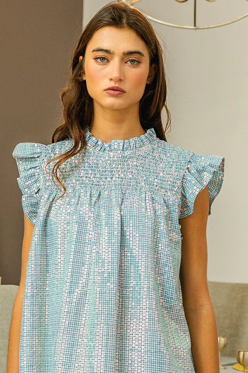 BiBi Clear Sequin All-over Gingham Smocked Top OutfitFlow