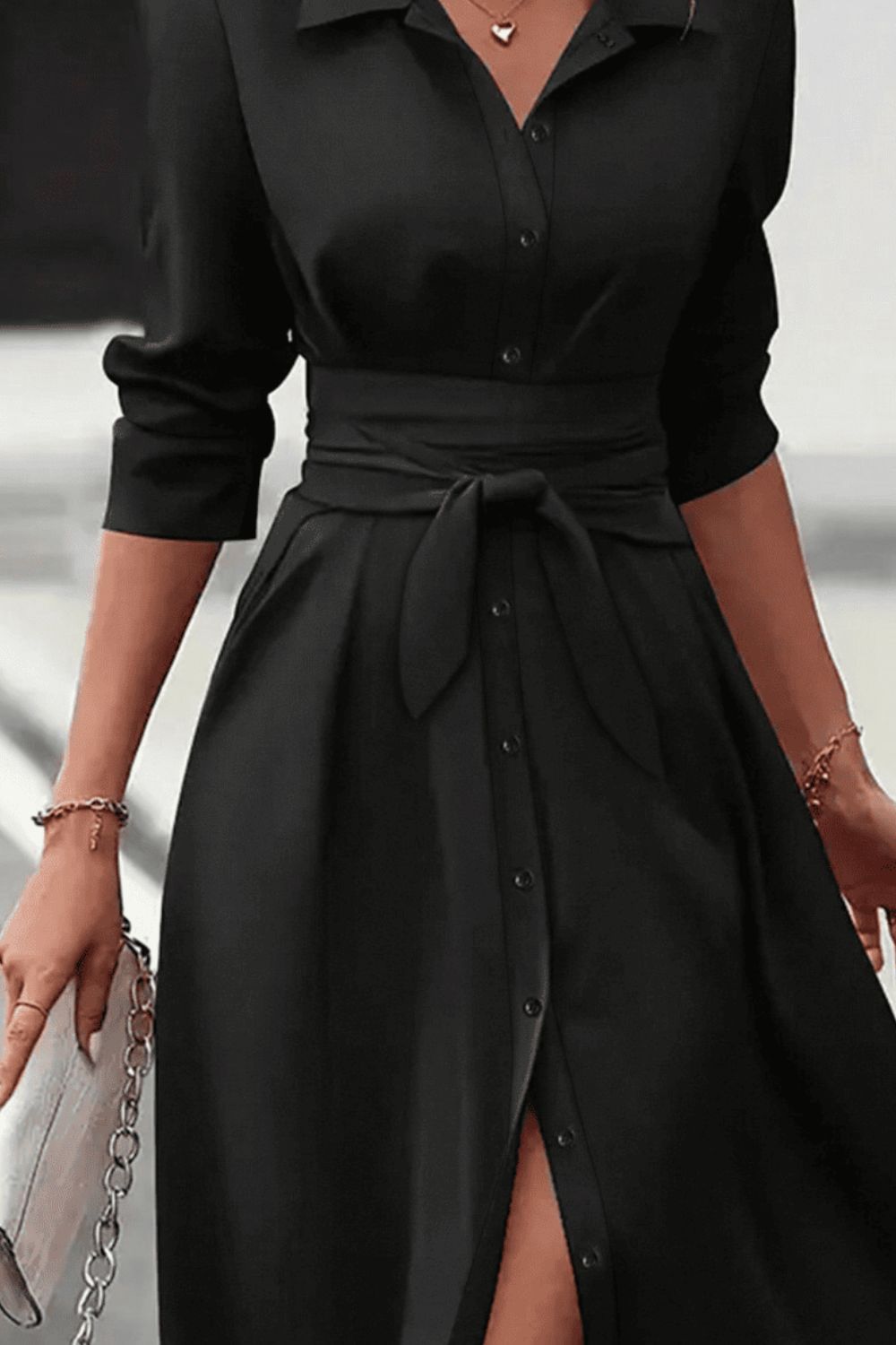 Collared Neck Long Sleeve Midi Shirt Dress OutfitFlow