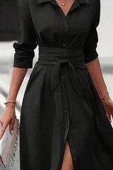 Collared Neck Long Sleeve Midi Shirt Dress OutfitFlow