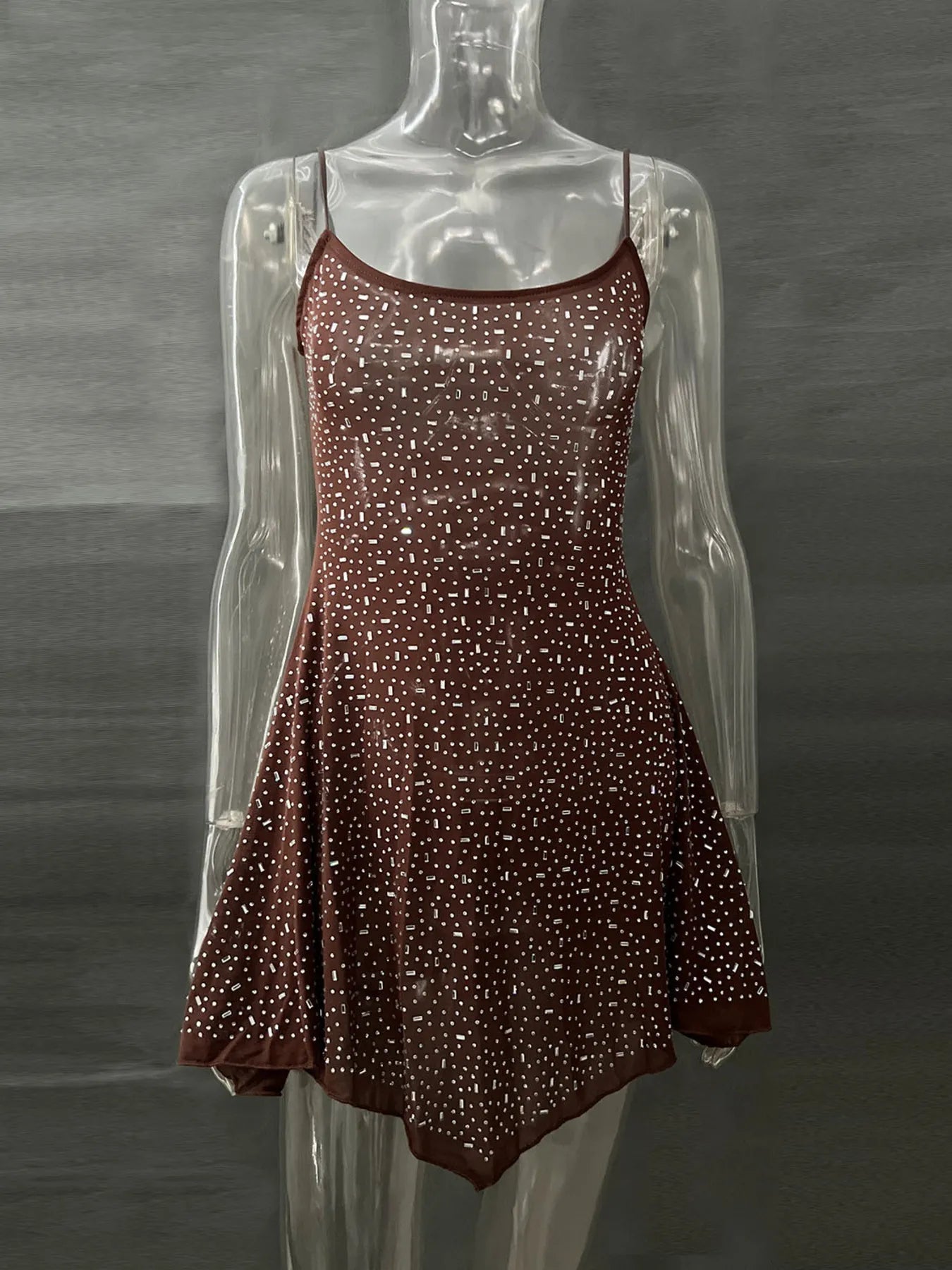 Rhinestone Decor Mini Cami Dress Brown OutfitFlow
