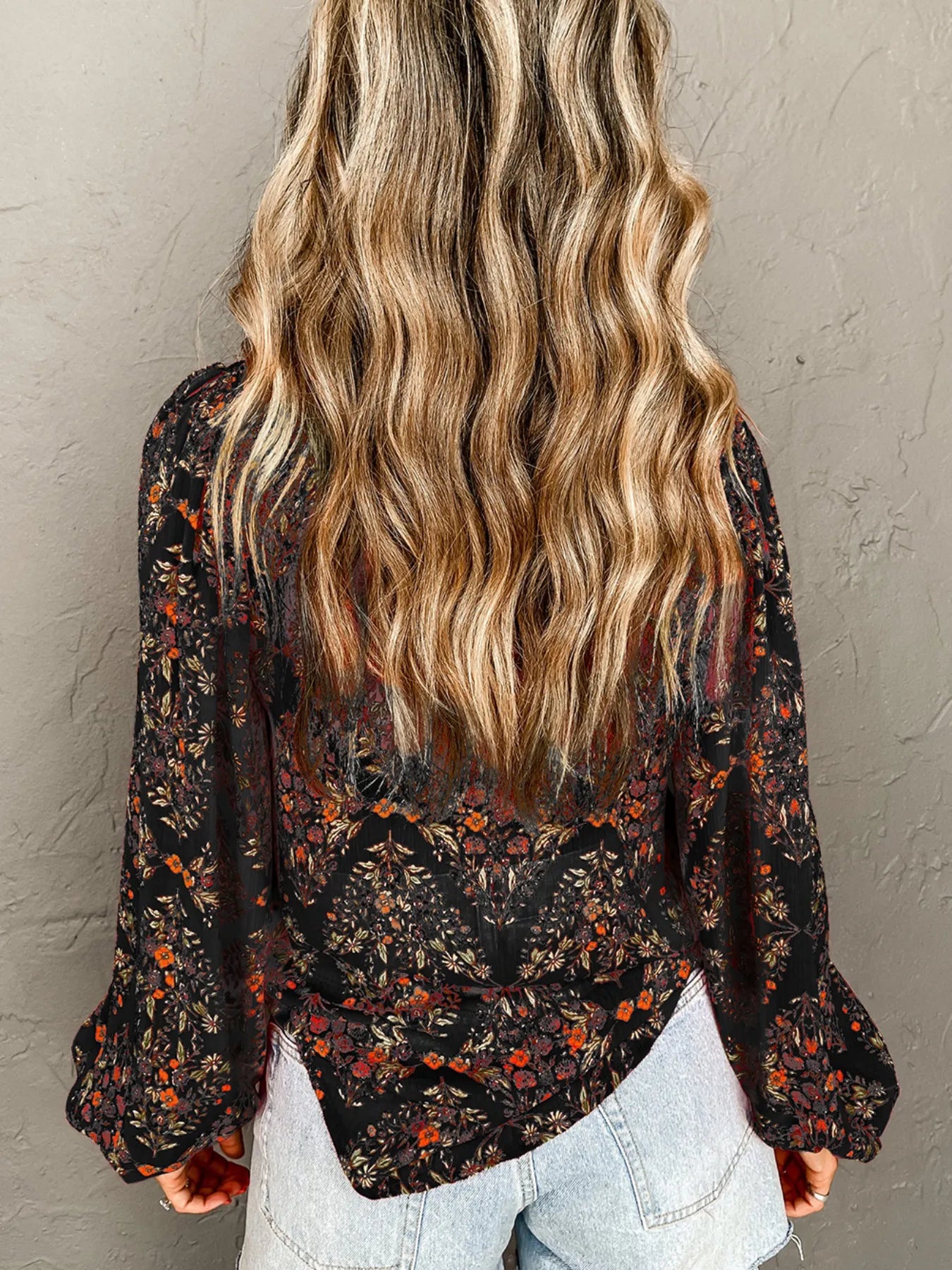 Floral Print Lantern Sleeve Loose Shirt OutfitFlow