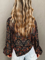 Floral Print Lantern Sleeve Loose Shirt OutfitFlow