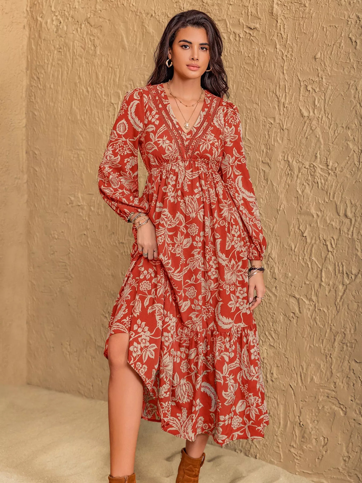 Boho Floral Print Long Sleeve Midi Dress Rust OutfitFlow