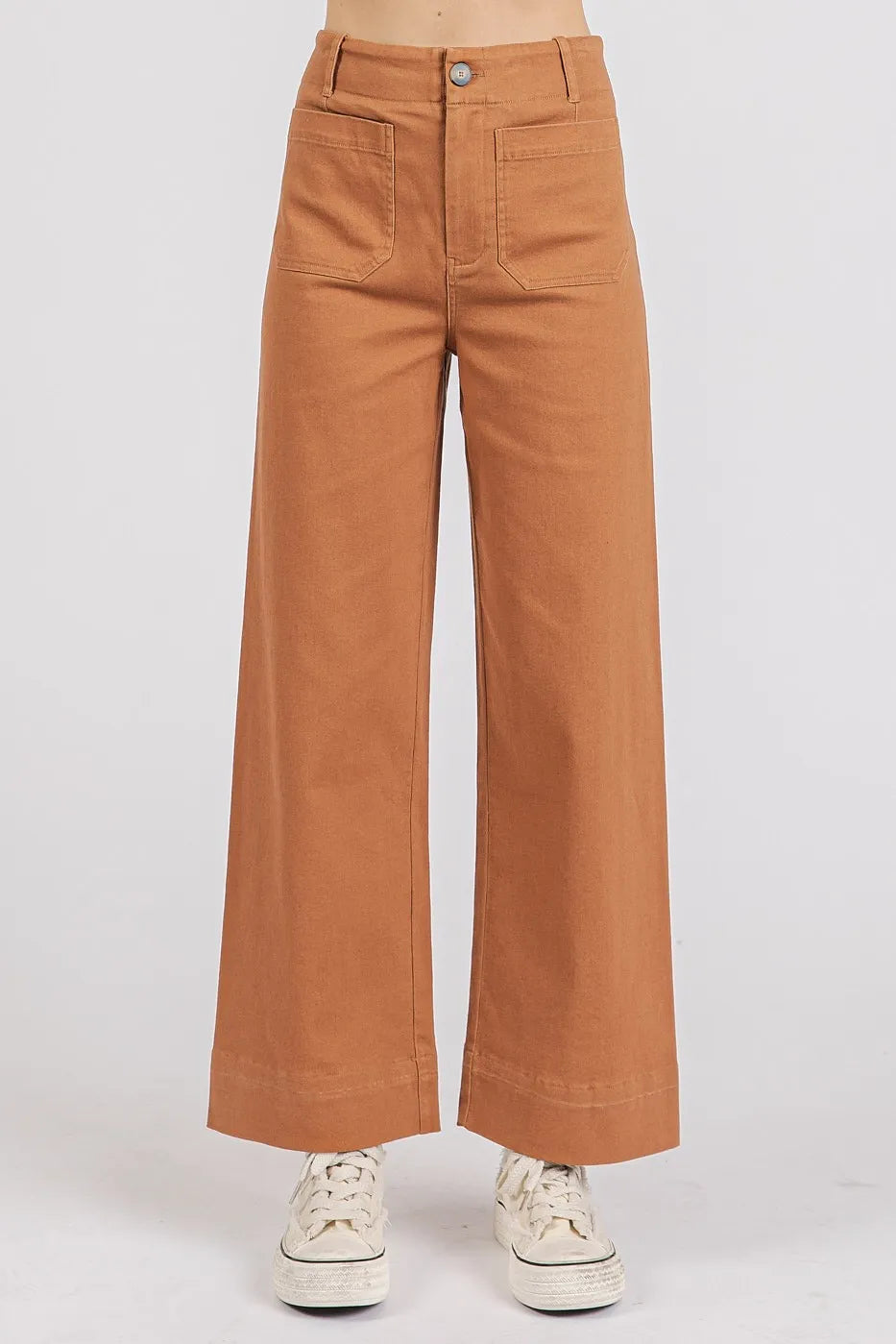Mittoshop Twill Patch Pocket High Rise Wide Leg Pants CINNAMON OutfitFlow
