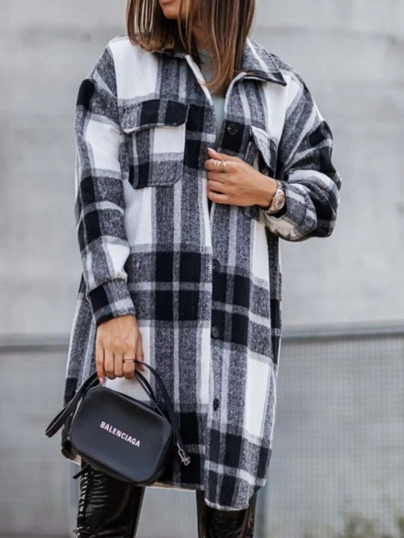 Button Down Collared Neck Plaid Flannel Shacket Trendsi
