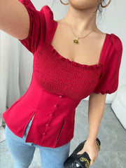Slit Square Neck Short Sleeve Blouse OutfitFlow