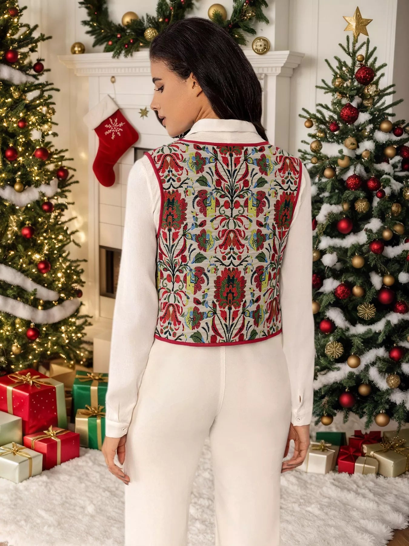 Floral Embroidered Tie-Front Vest Coat OutfitFlow