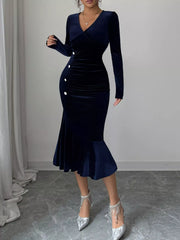 Long Sleeve V-Neck Mermaid Dress Navy OutfitFlow