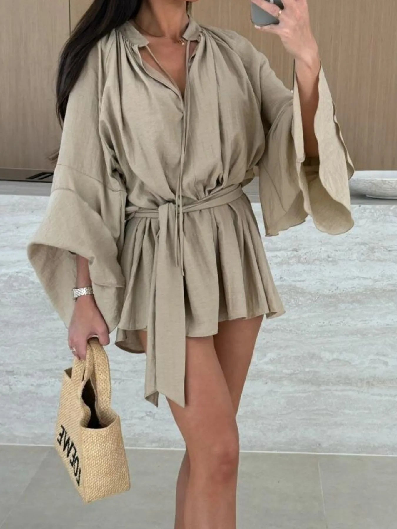 Bell Sleeve Tie Waist Mini Shirt Dress OutfitFlow