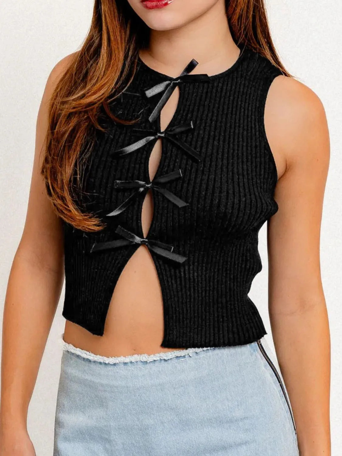 Bow Round Neck Cropped Tank Black OutfitFlow
