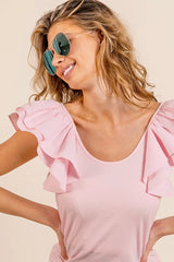 BiBi Wide Layered Ruffle Sleeve Scoop Neck Ribbed Top OutfitFlow