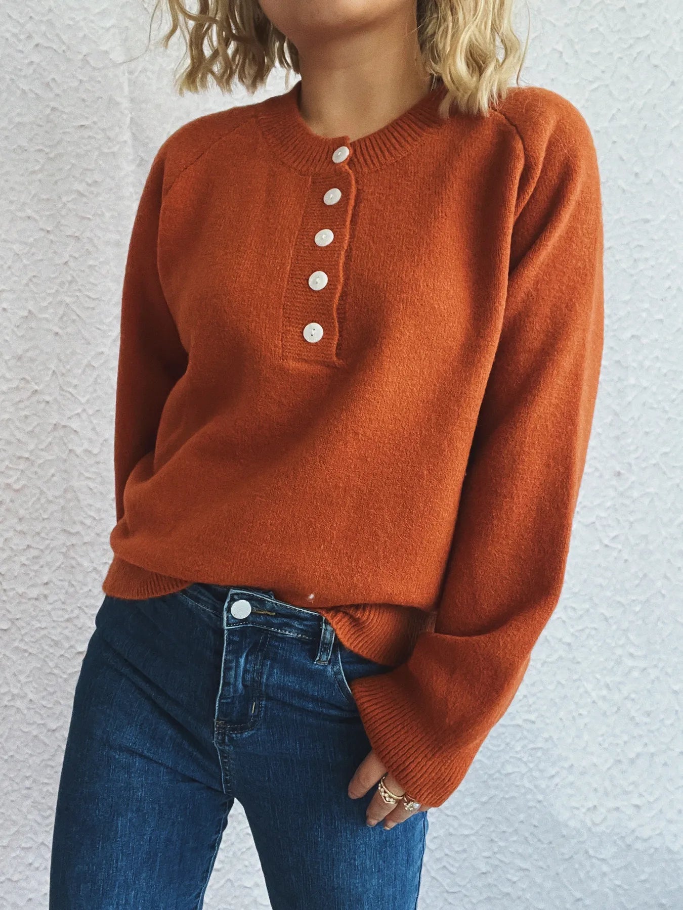 Button-Front Long Sleeve Sweater OutfitFlow