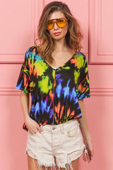 BiBi Tie Dye Print Jersey Stitched V Neck Top OutfitFlow
