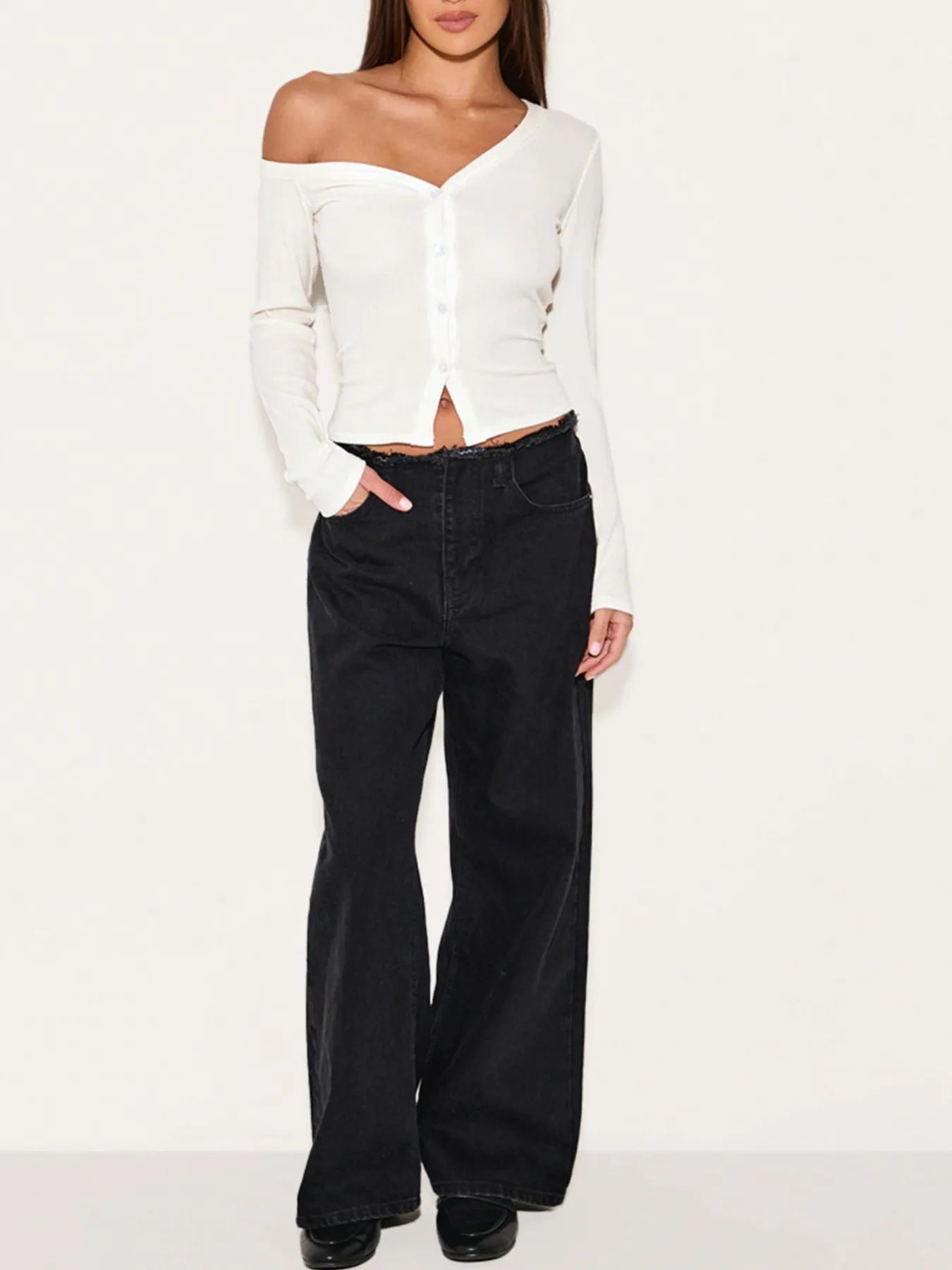 Asymmetrical Neck Button Up Cardigan OutfitFlow