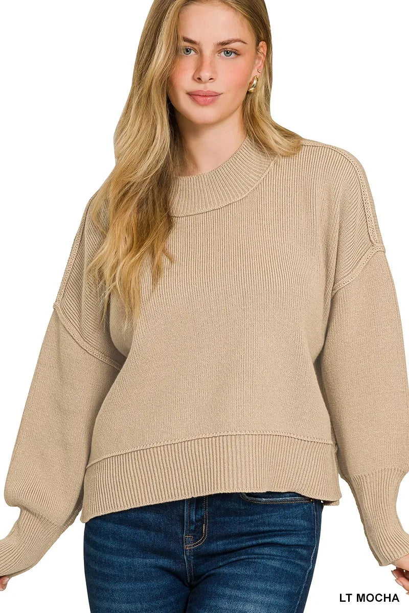 Zenana Wide Neck Band Drop Shoulder Sweater LT MOCHA Trendsi