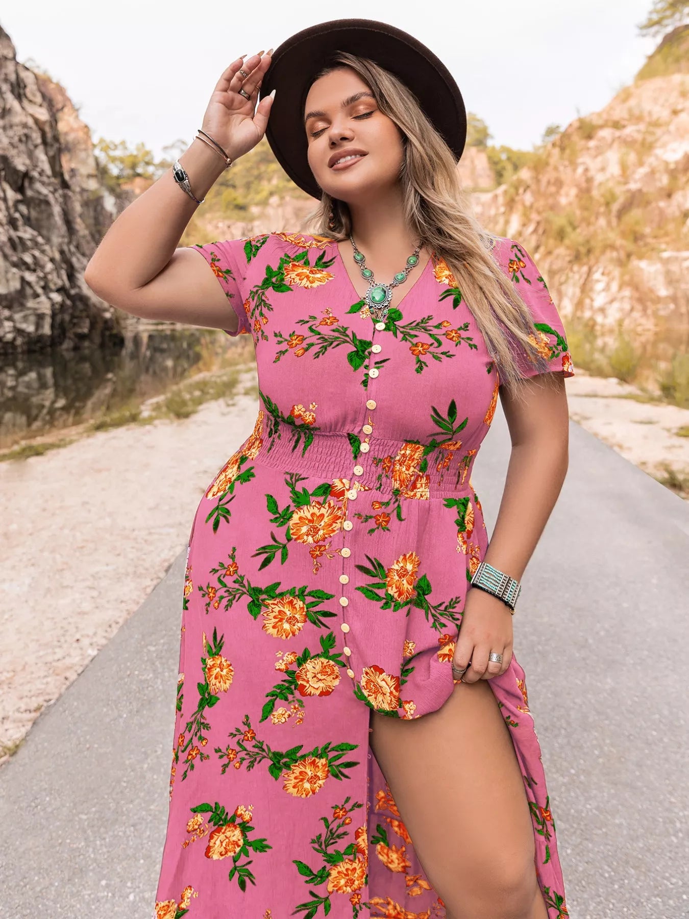 Plus Size Floral V-Neck Short Sleeve Maxi Dress OutfitFlow