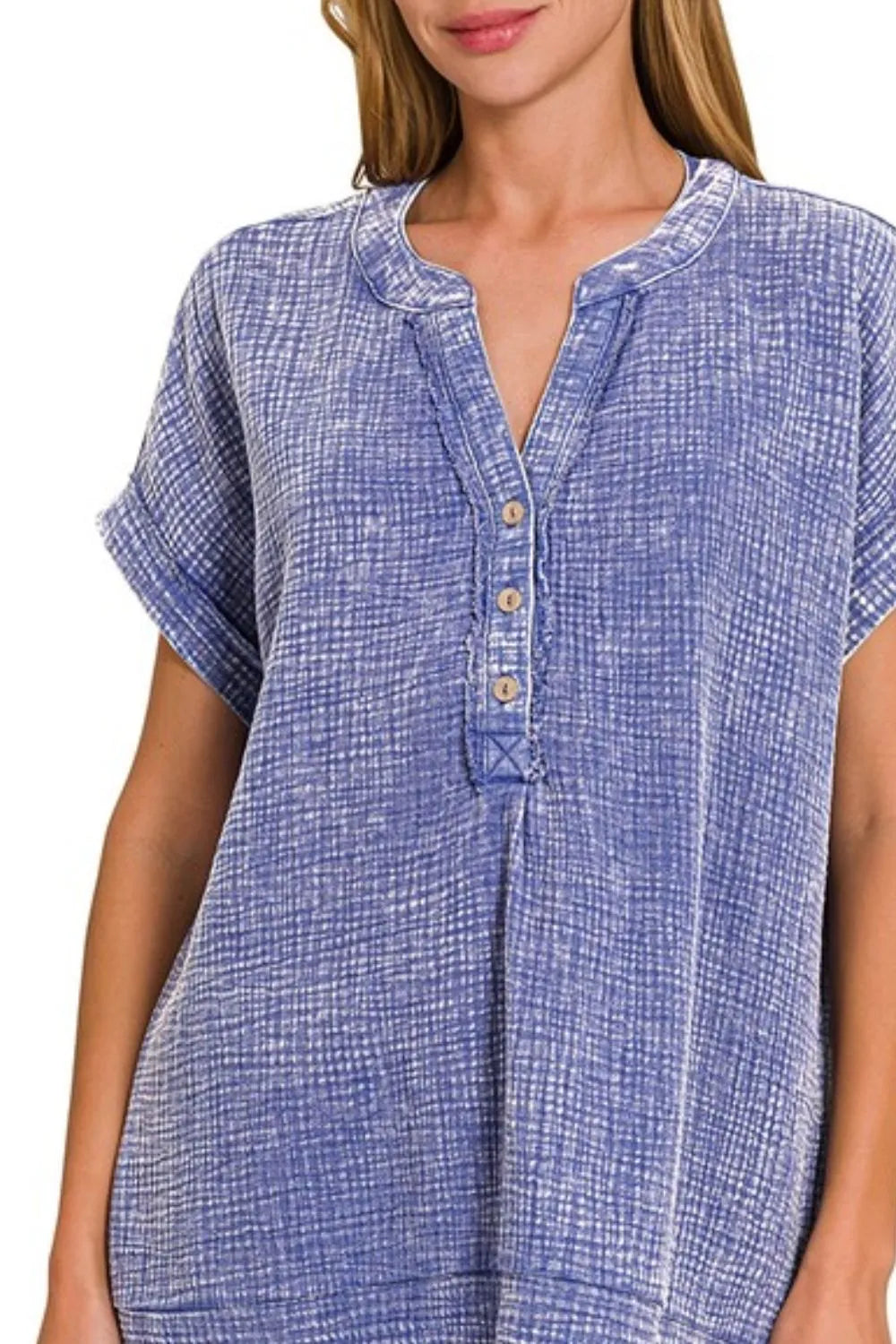 Zenana Washed Double Gauze 3/4 Button Henley Neck Shirt OutfitFlow