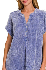 Zenana Washed Double Gauze 3/4 Button Henley Neck Shirt OutfitFlow