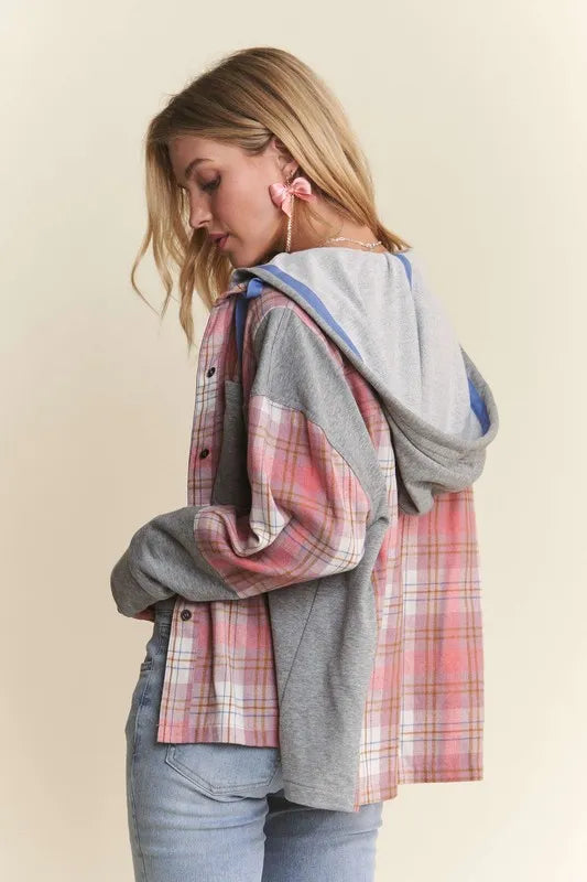 ADORA Button Down Plaid Hoodie Shacket OutfitFlow