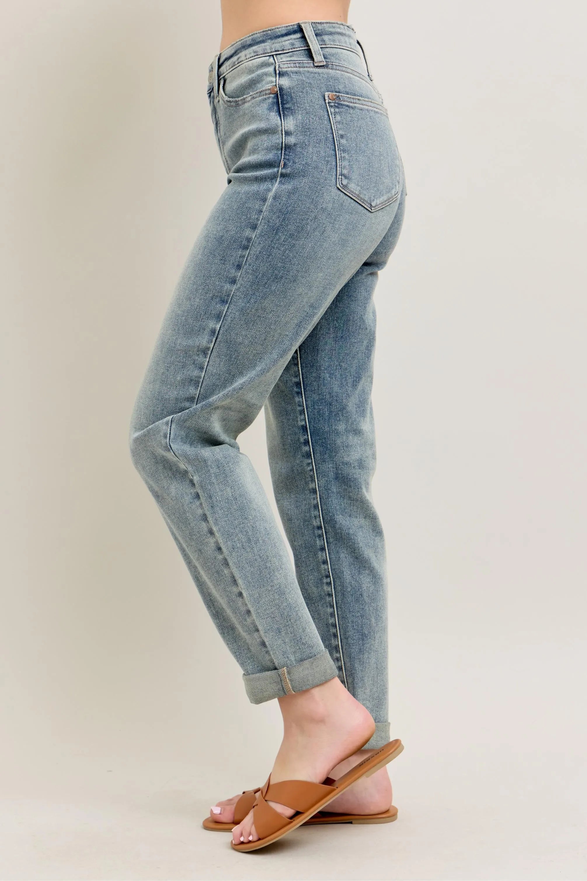 Judy Blue Full Size Hw Vintage Wash Double Roll Cuff Bf Jeans Plus Size OutfitFlow