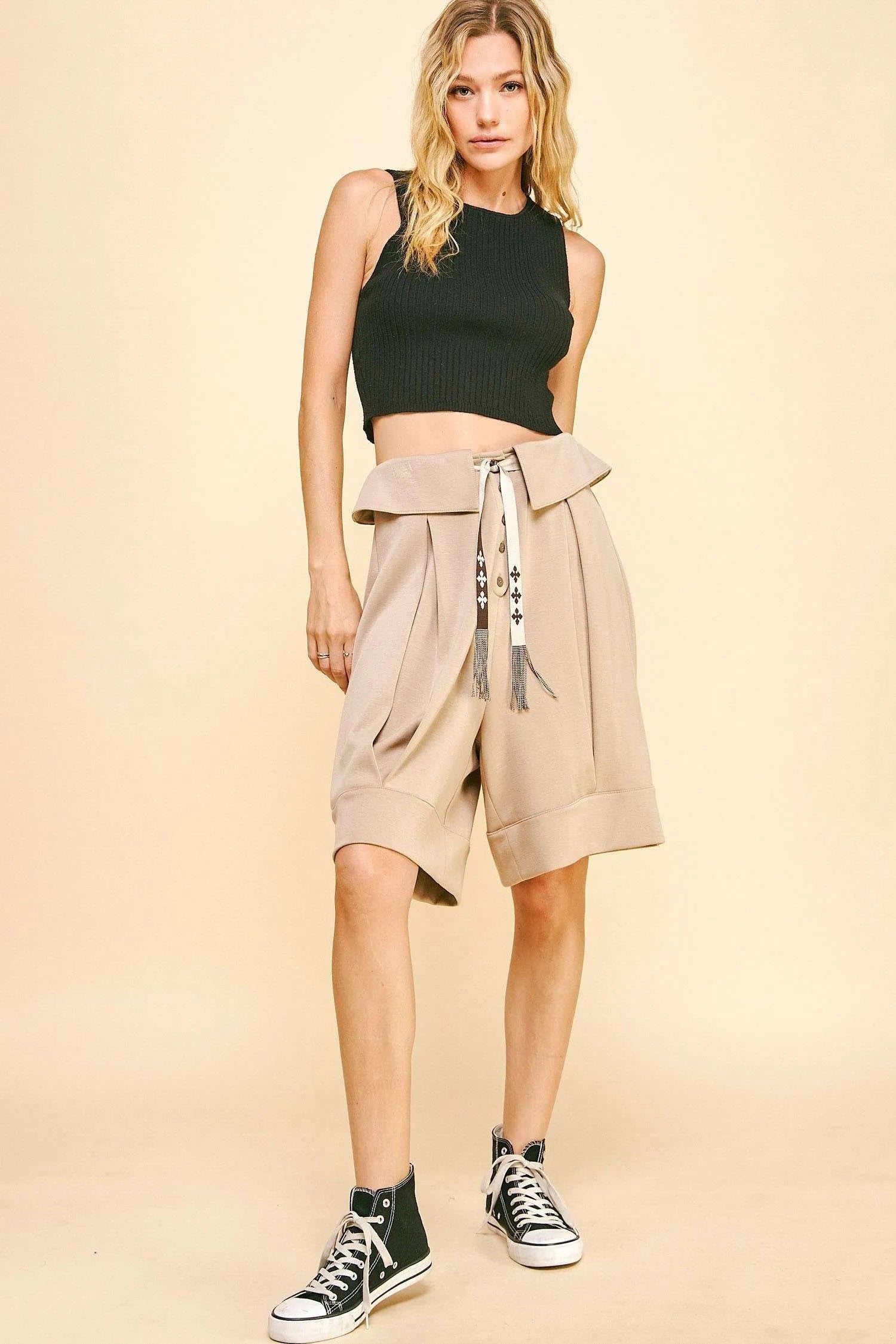 Davi & Dani Fold Over Waist Band Strap Detail Short OutfitFlow