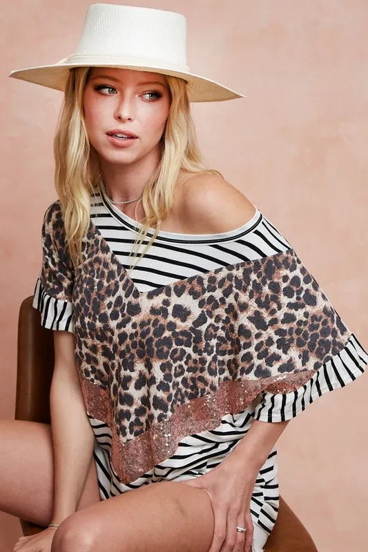 BiBi Stripe Rayon Span Knit Color Block Top With Leopard OutfitFlow