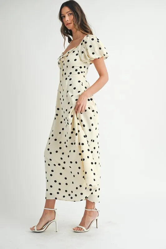 MABLE Polka Dot Puff Sleeve Midi Dress OutfitFlow