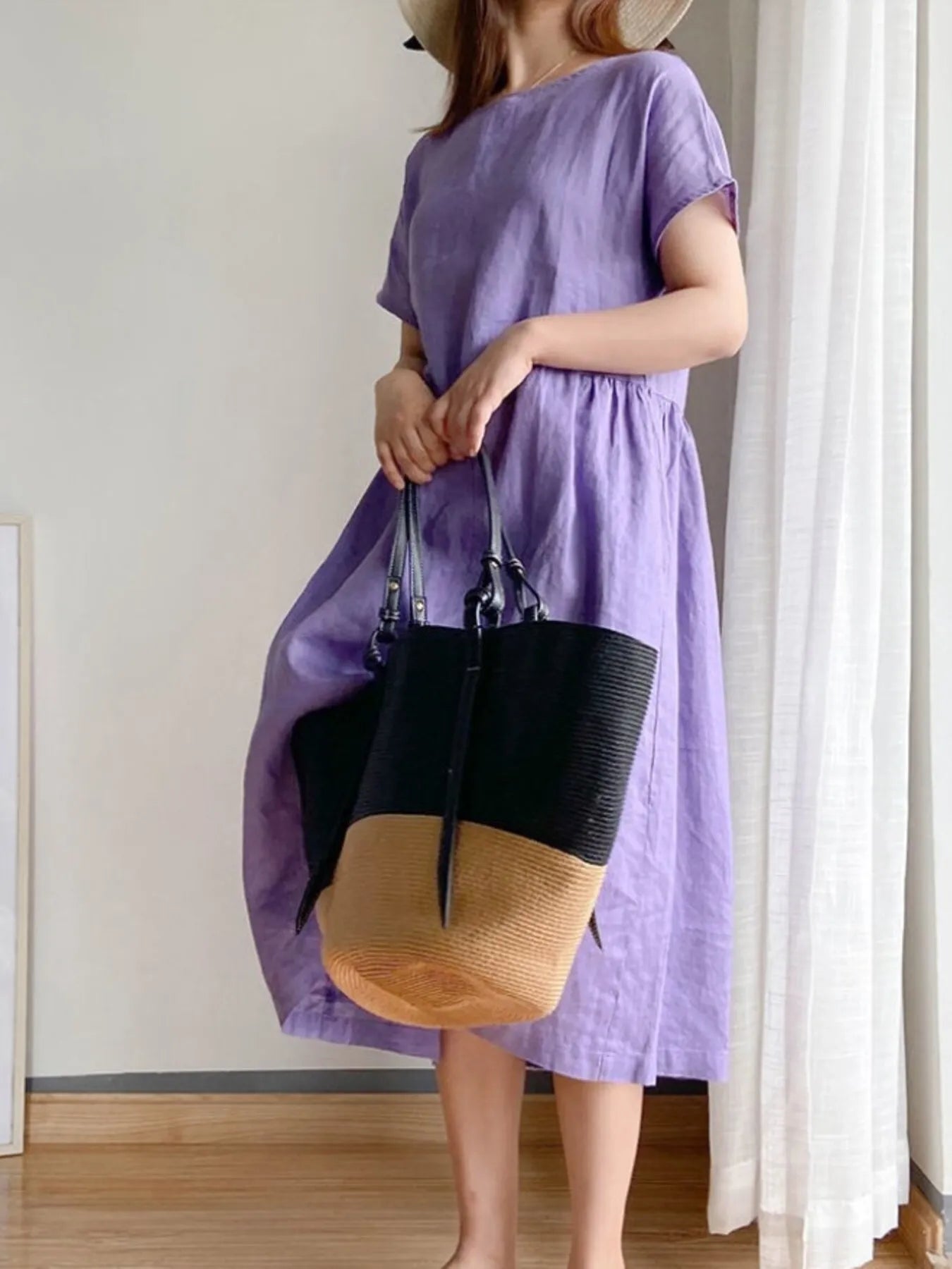 Full Size Casual Round Neck Midi Dress Plus Size Purple OutfitFlow
