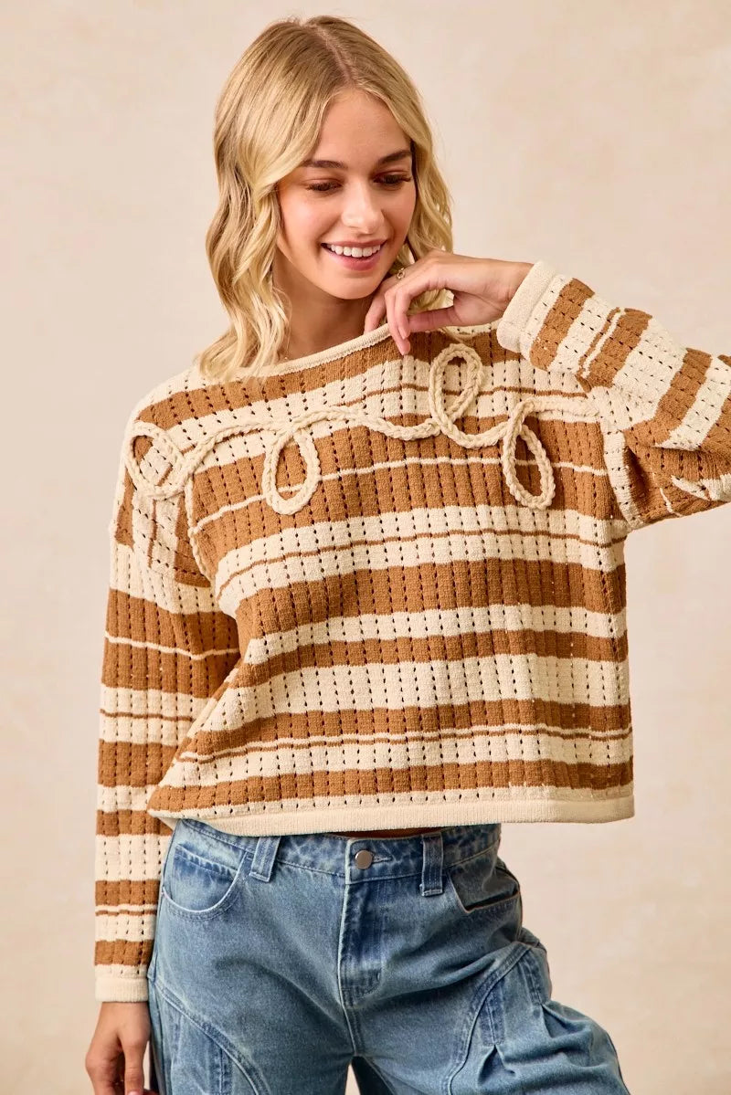 BiBi Striped Open Knit Sweater Top with Front Braided Detail OutfitFlow