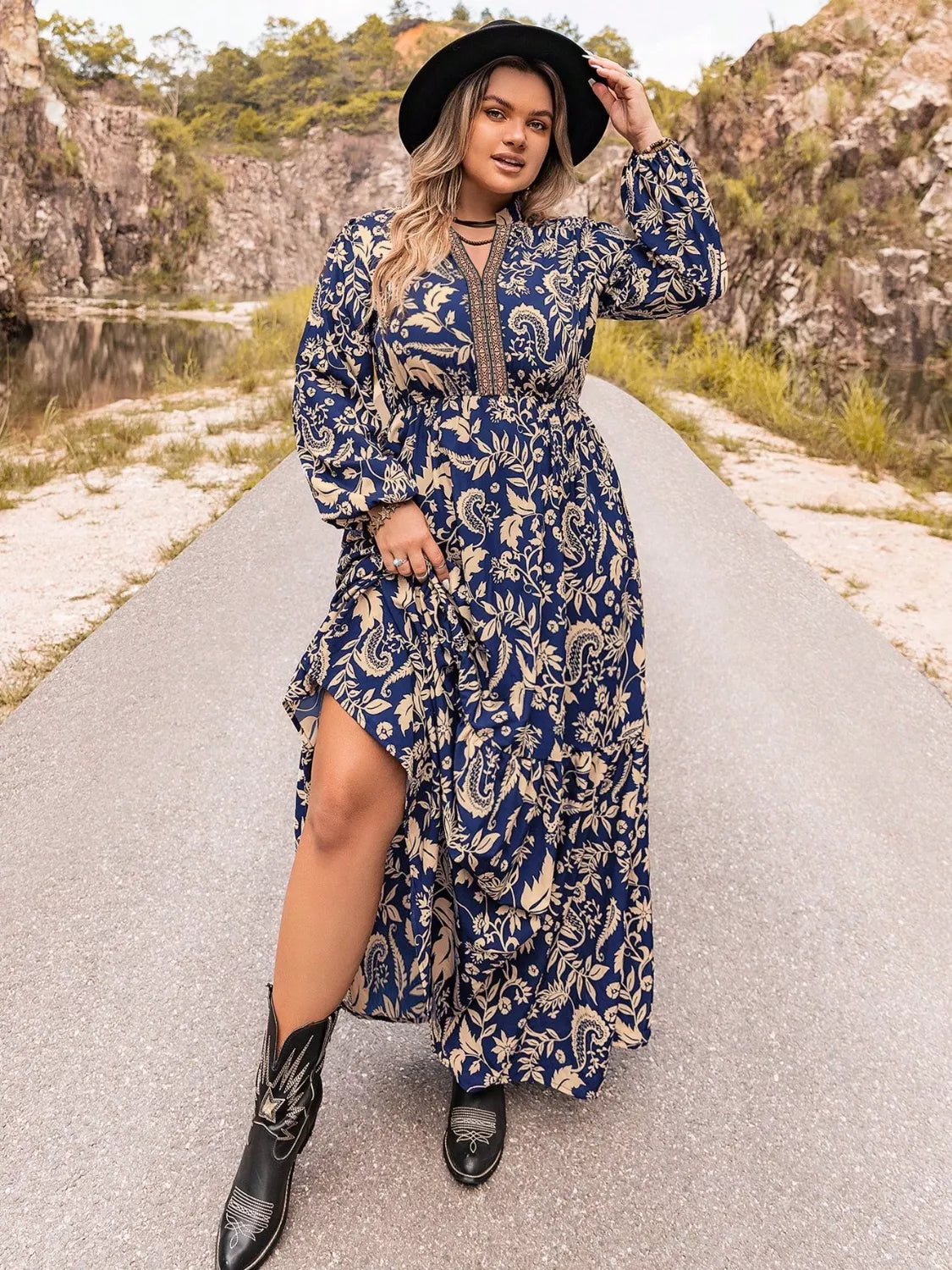 Plus Size Floral Print Long Sleeve Maxi Dress Trendsi