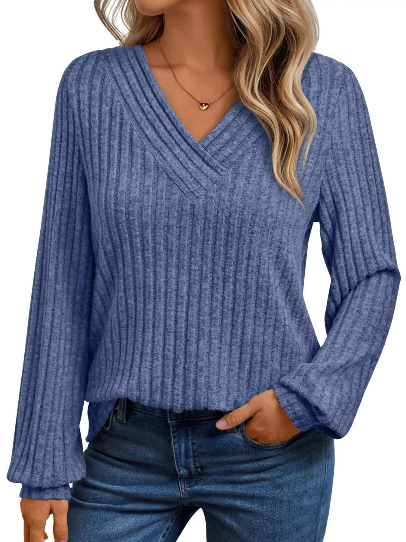 Ribbed Knit V-Neck Long Sleeve T-Shirt Blue OutfitFlow
