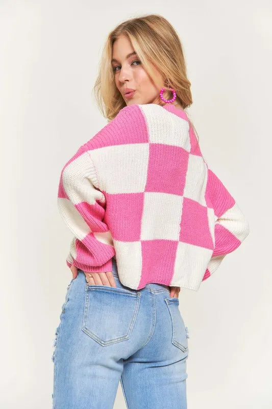 ADORA Plus Size Comfy Checkered Colorblock Sweater Top OutfitFlow