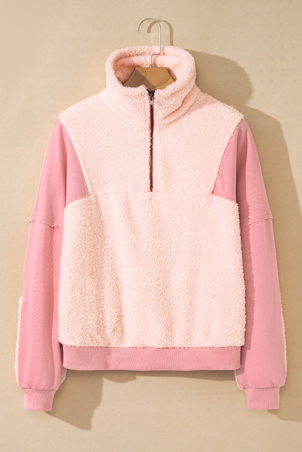 Outfit Flow - Exposed Seam Fuzzy Patchwork Quarter Zip Sweatshirt