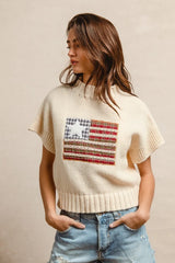 BiBi American Flag Patchwork Drop Shoulder Sweater OutfitFlow