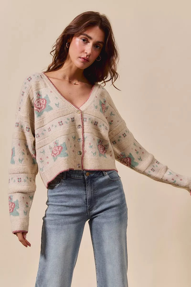 SO ME Floral Pattern Long Sleeve Button Sweater Cardigan OutfitFlow