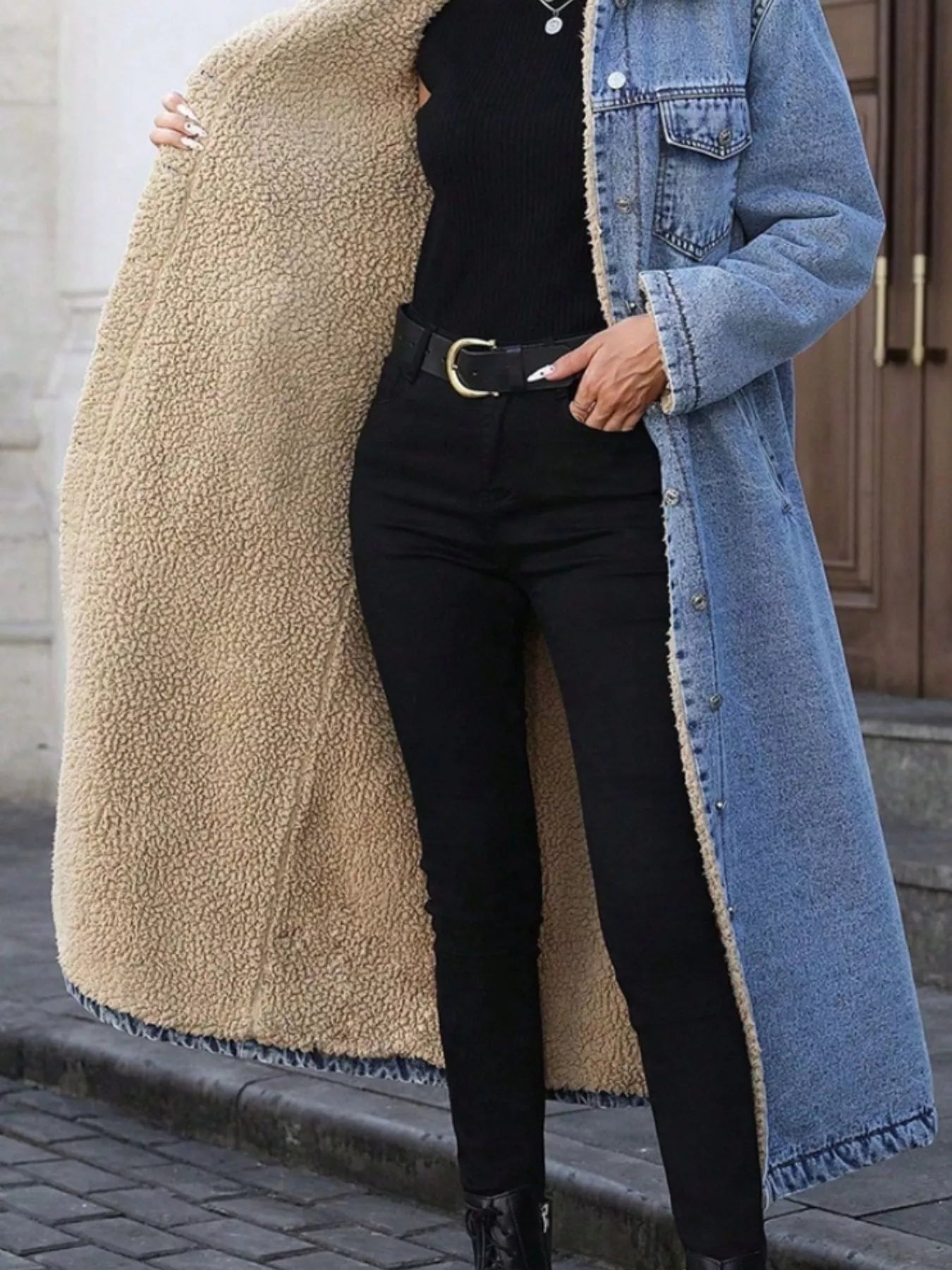 Sherpa Lined Longline Denim Jacket OutfitFlow