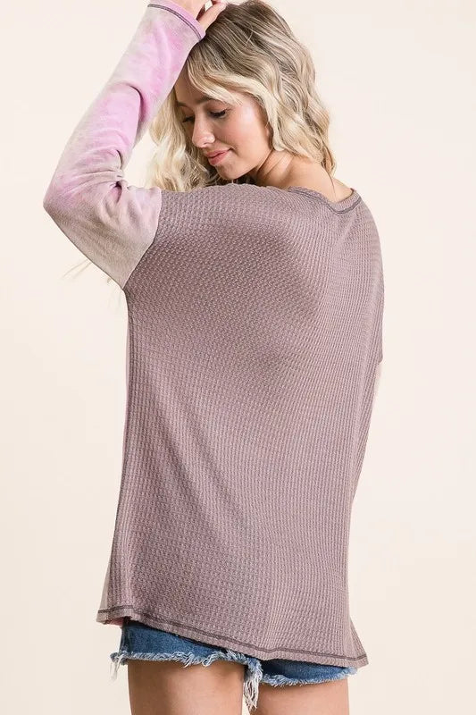 BiBi Thermal Waffle Color Block Top with Tie Dye OutfitFlow