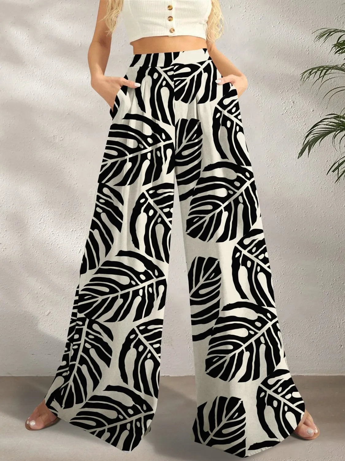 Printed Wide Leg Pants Black OutfitFlow