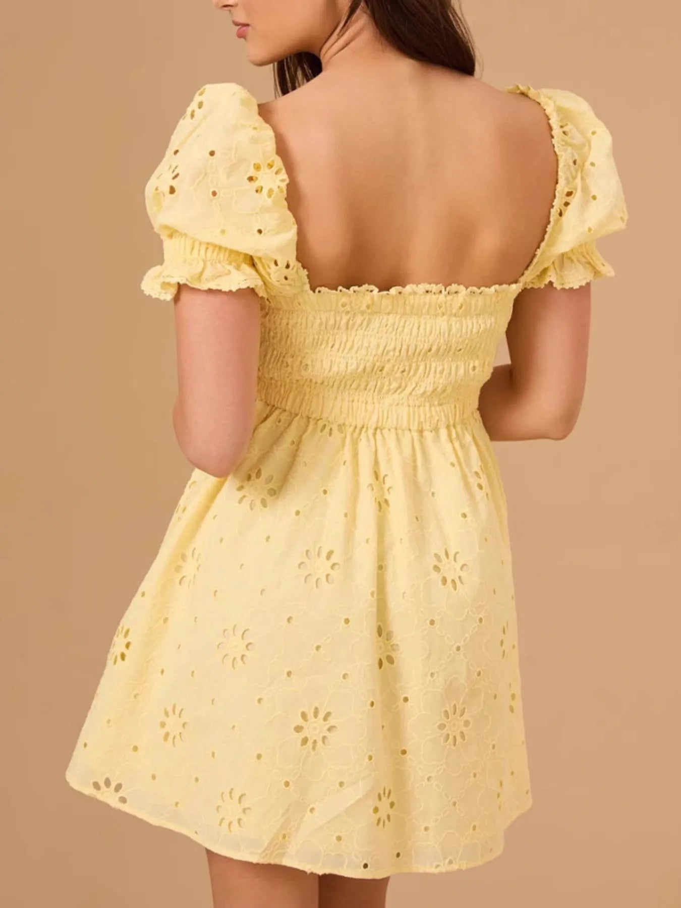 Eyelet Puff Sleeve Smocked Mini Dress OutfitFlow