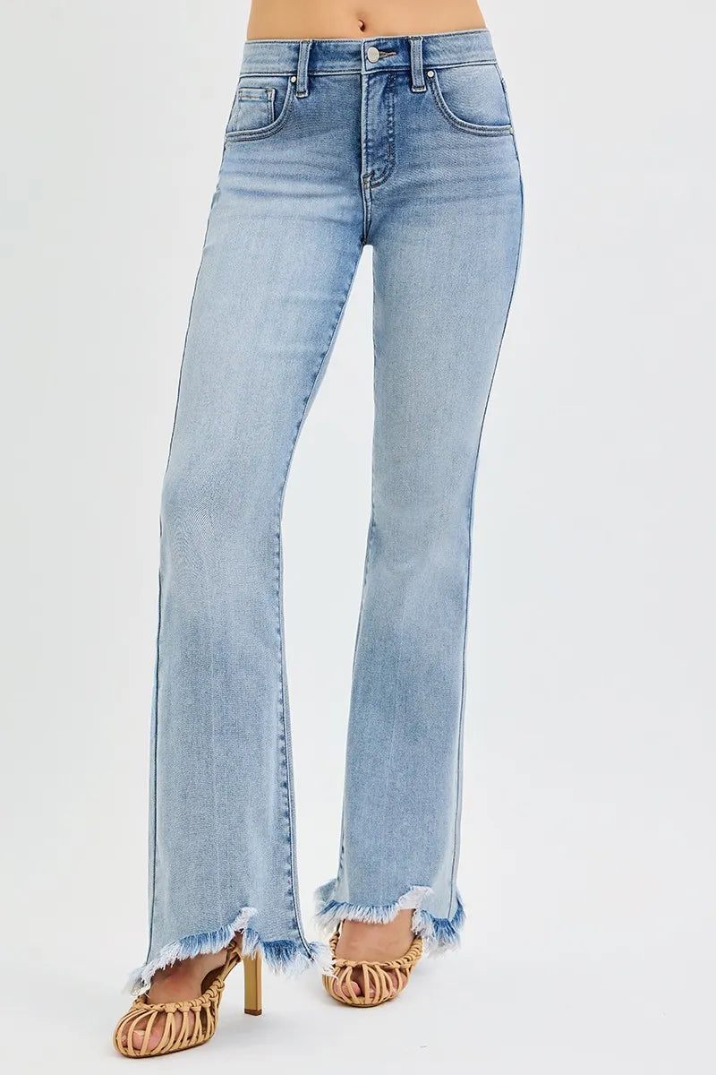 RISEN Full Size Tummy Control Mid Rise Flare Jeans with Fray Hem Detailed Plus Size Trendsi