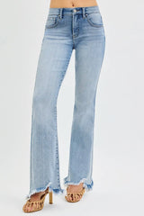 RISEN Full Size Tummy Control Mid Rise Flare Jeans with Fray Hem Detailed Plus Size Trendsi