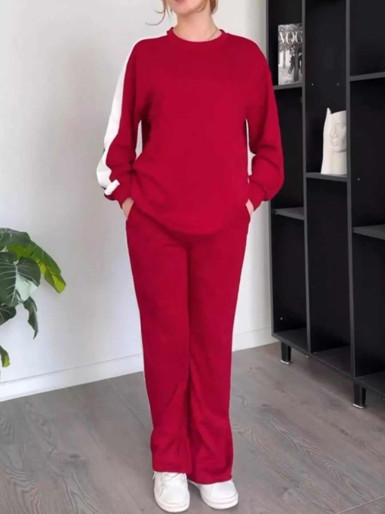 Full Size Contrast Round Neck Top and Pants Set Plus Size Red OutfitFlow